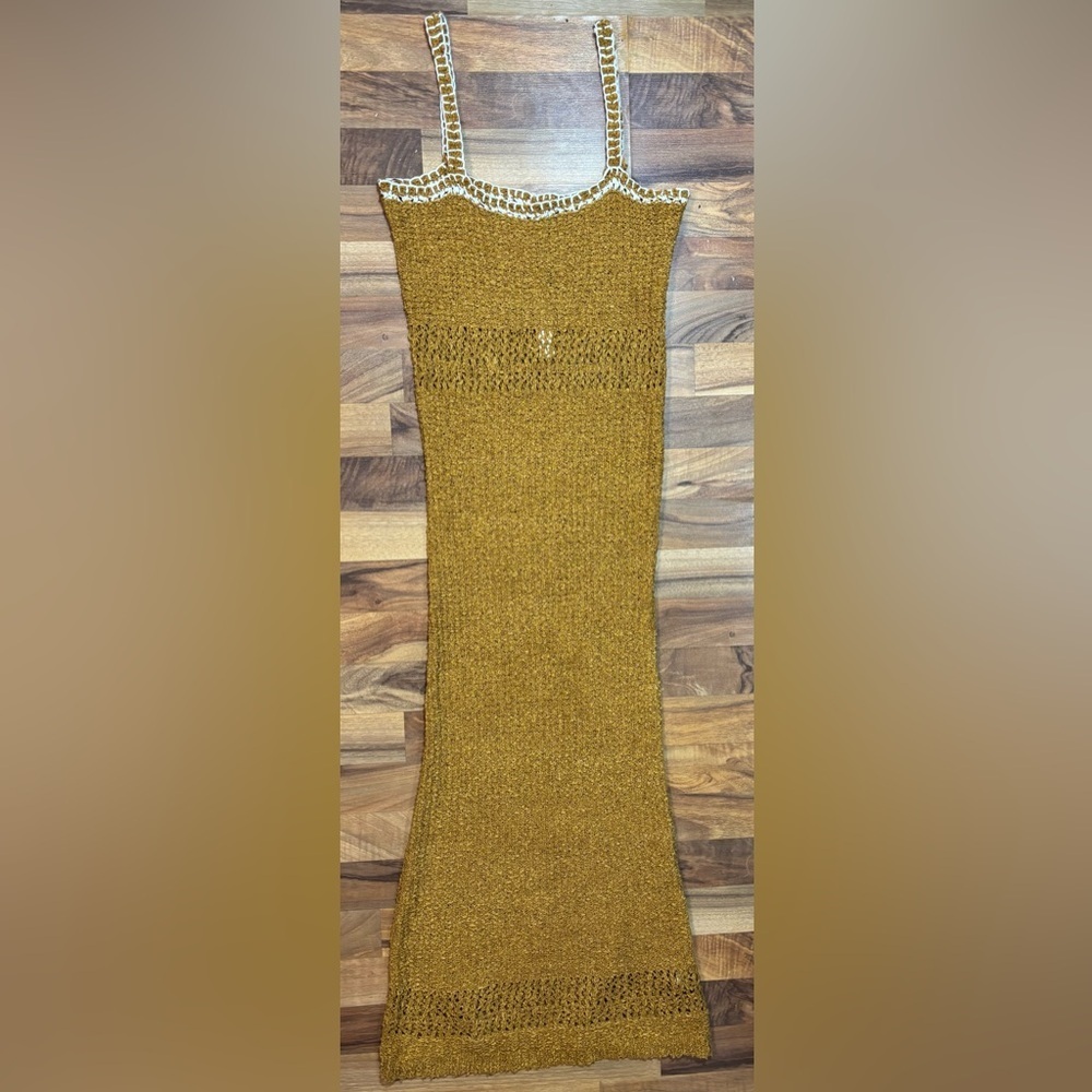 Crescent Gold Crochet Knit Maxi Dress Sleeveless Boho Festival Size Medium NWT